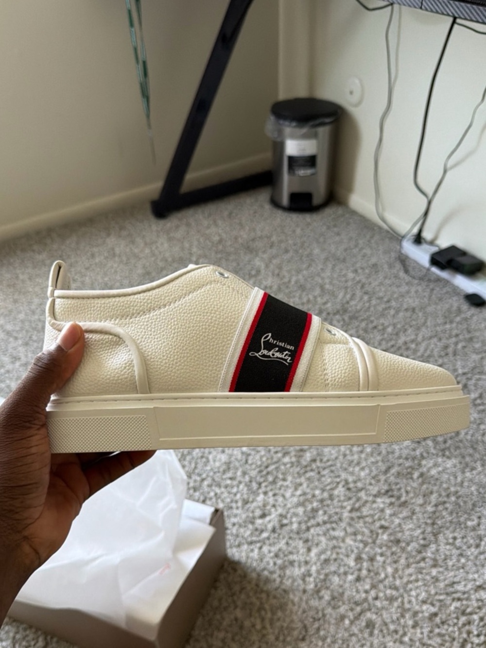 Christian Louboutin Cream Leather Sneaker with Black & Red Stripe